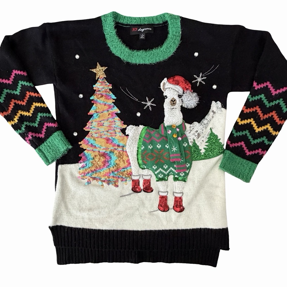 33 Degrees Llama Ugly Christmas Sweater Sz S Festive Sequins Party Novelty